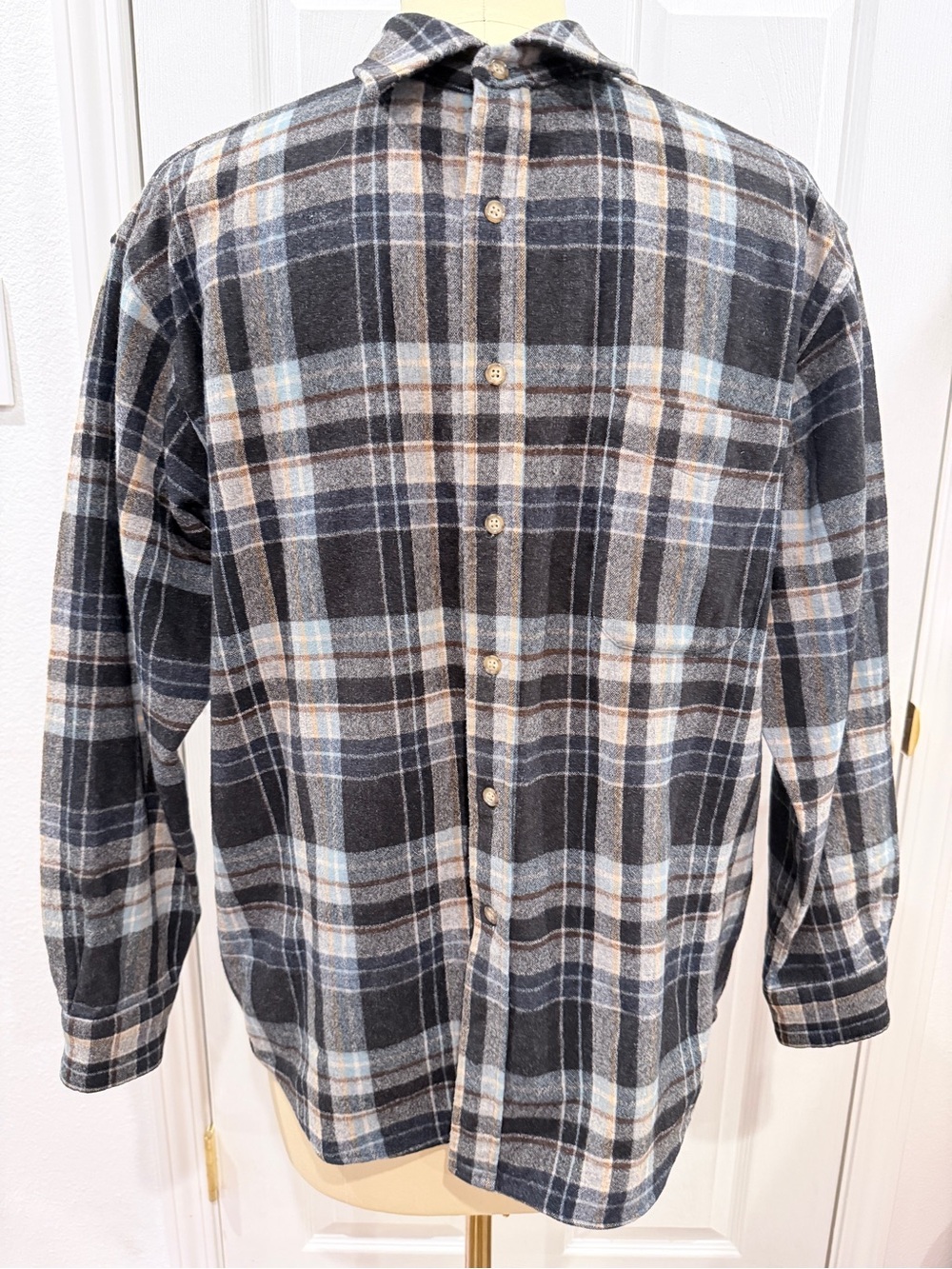 Pendleton Black, Gray, Cream & Light Blue Plaid Button-Down Shirt - 100% Wool